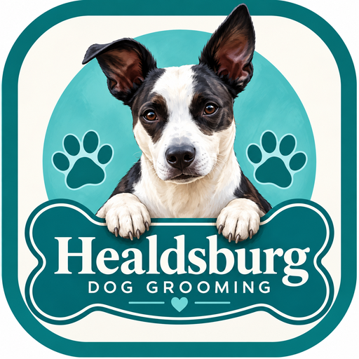 Original HDG logo: a black and white dog holding a Healdsburg Dog Grooming sign